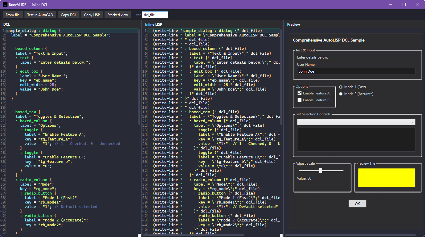 Inline DCL editor with source, LISP, and preview in one window