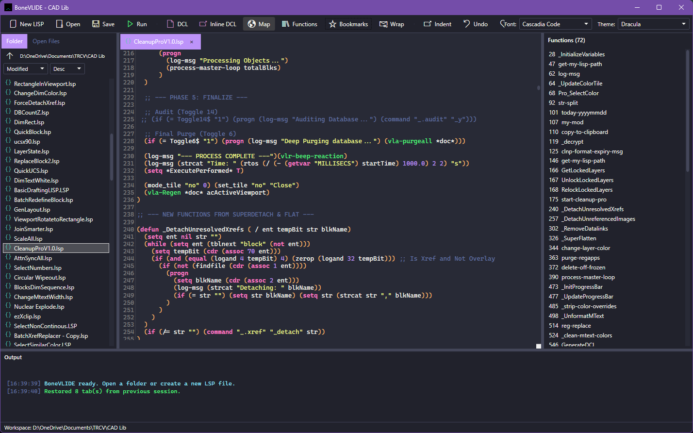 BoneVLIDE editor with explorer, code view, function list, and output panel