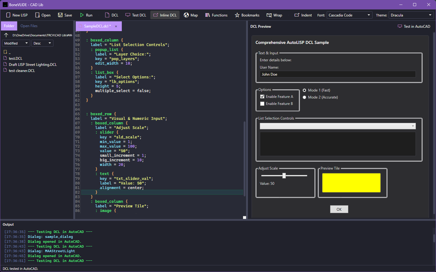 Live DCL preview in the right-side panel